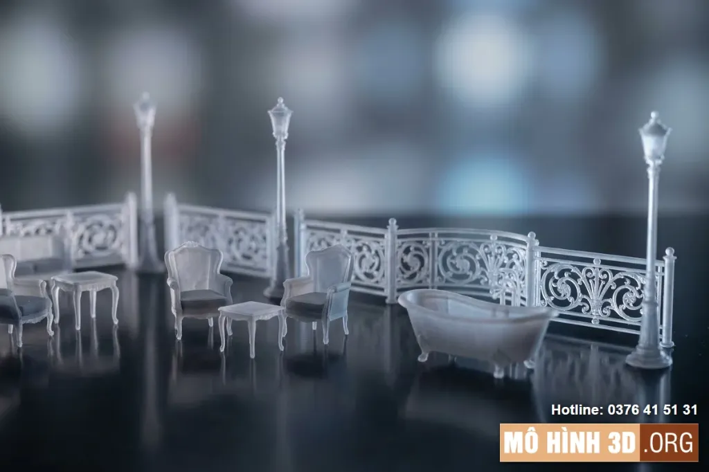 Mẫu in 3D resin chi tiết sa bàn kiến trúc gồm ghế bành cổ điển, bàn trà, bồn tắm, hệ lan can hoa văn uốn lượn và cột đèn tại Mô hình 3D
